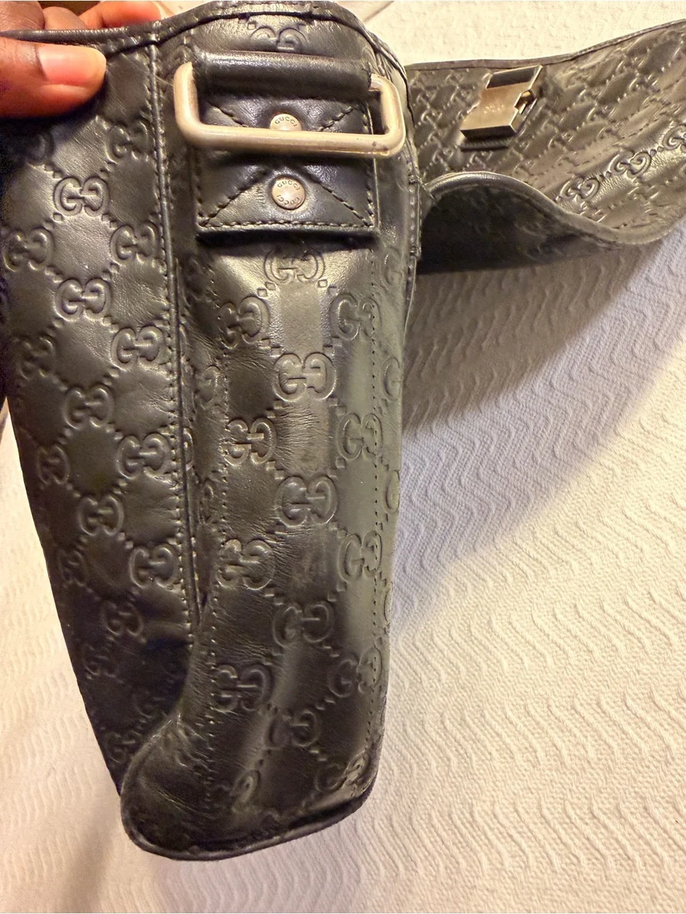 Gucci Black Embossed GG Leather Duffel with Green-Red Web Detail